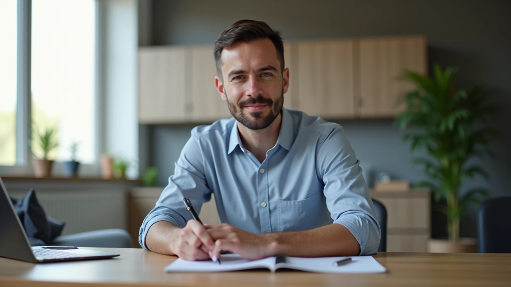 Homem em ambiente de trabalho moderno, sentado à mesa com computador portátil, caderno e caneta, olhando determinado