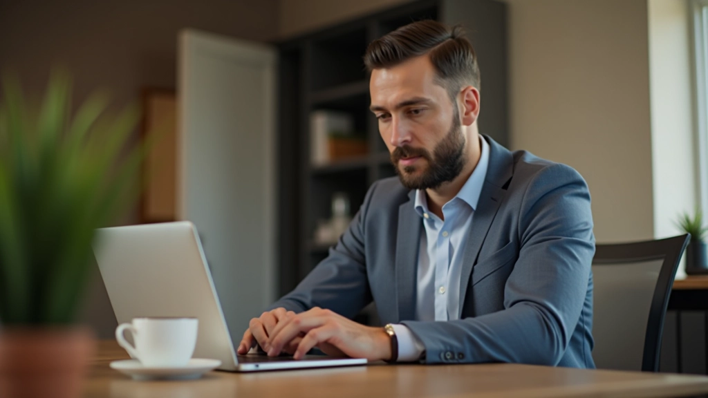 Profissional em ambiente de trabalho moderno, sentado à mesa com documentos e café, expressão determinada e focada