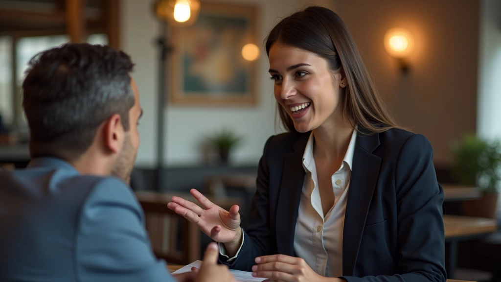 Duas profissionais em conversação num café, uma de pé apresentando ideias, a outra sentada ouvindo atentamente, ambiente descontraído